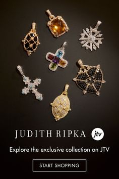 Seven different clad enhancers from JTV’s Judith Ripka collection propped against a deep, black background. The Necklace, Exclusive Collection, Build Your Own, Dreaming Of You