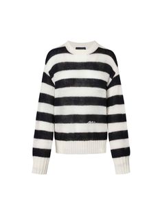 MO&Co. Women's Include Mohair Striped Sweater Indulge in the luxurious softness of this sweater. The lightweight and delicate blend of mohair and wool creates a comfortable and stylish piece. The loose fit and striped pattern make it versatile, perfect for pairing with casual pants for a chic and effortless look. Features : - Loose fit, stripes pattern, slightly sheer- Drop shoulder, ribbed knit details trim details- Lightweight and soft mohair, wool blend fabric Code: MBD1SWT018The back length