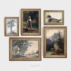 four framed paintings of men fishing and ducks