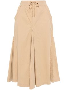 light brown cotton elasticated drawstring waistband pleat detailing two diagonal pockets to the sides below-knee length Cotton Pleated Waist Skirt For Work, Casual Daywear Bottoms With Pleated Hem, Cotton Skirt With Pleated Waist For Work, Cotton Bottoms With Pleated Hem For Daywear, Casual Bottoms With Pleated Hem For Daywear, Cotton Pleated Skirt For Daywear, Cotton Summer Pleated Skirt For Daywear, Summer Daywear Cotton Pleated Skirt, Summer Cotton Pleated Skirt For Daywear