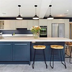 a kitchen with two stools and an island