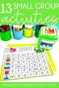 an image of small group activities with the words, numbers and letters on it in front of