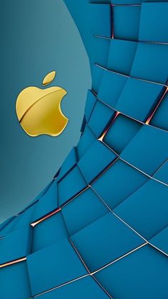 an apple logo is shown on the side of a blue and gold wallpapered background