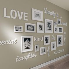 there is a wall with many pictures on it and the words love are written in white