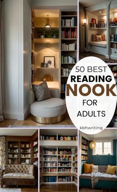 there are many bookshelves and couches in this room with the words reading nook for adults