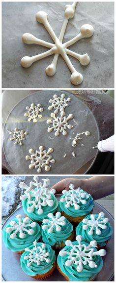 some cupcakes with frosting and snowflakes on them