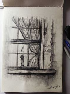 a pencil drawing of a window with curtains