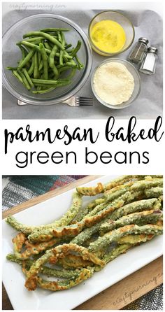 parmesan baked green beans are served on a white plate with dipping sauces