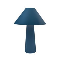 a blue table lamp on a white background with the shade turned down to look like a mushroom