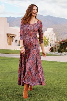 Artistic roses electrify your must-have maxi-dress for an instant chic look. Princess seams give it great shape. 3/4-length sleeves, scoop neck, back zip. | Fabric Care: 72% Rayon, 21% Nylon, 7% Spandex . Machine Wash Cold Gentle Cycle, Only Non-Chlorine Bleach , When Needed, Lay Flat To Dry, Warm Iron If Needed, May Be Dry Cleaned Soft Surroundings Clothing, Bohemian Casual Dress, Soft Surroundings Dresses, Cotton Blends Dress, Gauze Dress, Cotton Clothing, Princess Seams, Cotton Maxi, Maxi Dress Cotton