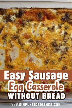 an easy sausage egg casserole without bread in a baking dish with text overlay