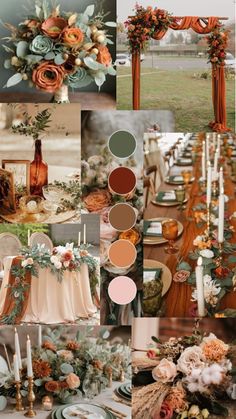 a collage of photos with flowers, candles and other things in them on the table