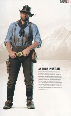 an image of a man with a hat and suspenders standing in front of mountains