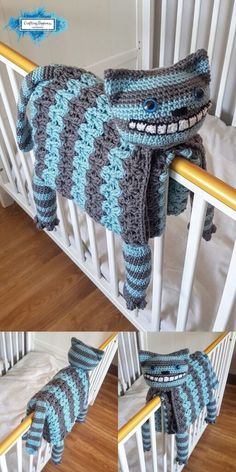 the crocheted blanket is on top of the baby's crib, and it