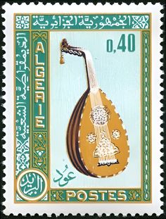 a postage stamp with an image of a musical instrument on it's front cover