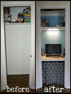 before and after pictures of a closet with bookshelves, desk area and computer