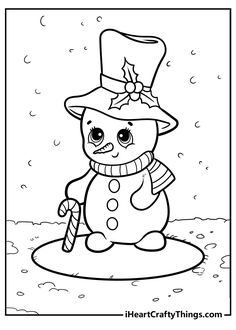 a snowman with a hat and scarf sitting on an inflatable object coloring page