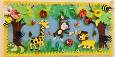 a bulletin board with animals and flowers on it