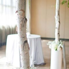 two white vases with flowers and trees in them