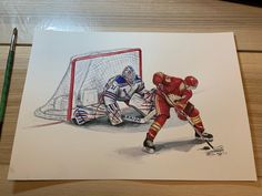 a drawing of two hockey players in action