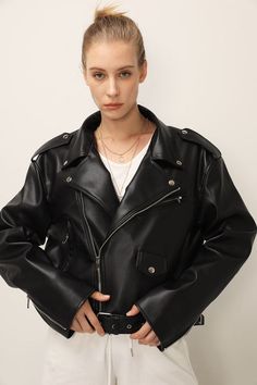 Oversized Biker Jacket For Spring, Chic Oversized Belted Outerwear, Belted Black Biker Jacket For Spring, Belted Long Sleeve Cropped Jacket For Winter, Belted Cropped Jacket With Long Sleeves For Winter, Spring Black Belted Biker Jacket, Winter Biker Style Belted Outerwear, Trendy Belted Outerwear For Fall, Edgy Belted Outerwear For Fall