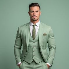 a man in a green suit and tie posing for a photo with his hands in his pockets