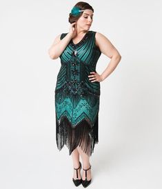 Unique Vintage Plus Size 1920s Deco Teal & Black Veronique Fringe Flapper Dress 1920 Style Dresses, 1920s Bridesmaid Dresses, Plus Size 1920s, Dresses 1920s Style, 1920 Style, 1920s Fashion Dresses, 1920 Dress, 20s Dresses