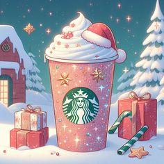 a starbucks cup with a santa hat on it surrounded by christmas presents and candy canes