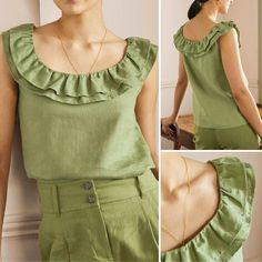 the woman is wearing a green top with ruffles on her shoulders and neck