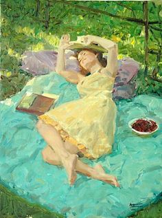 a painting of a woman laying on a blanket with a book and bowl of cherries