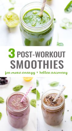 three post workout smoothies in mason jars