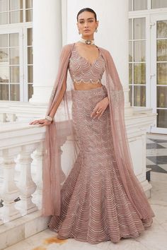 Shop for these amazing collections of Pink Net Embroidery Sequin Cape: Siona Scallop Fish Cut Lehenga Set For Women by Charu and Vasundhara online at Aza Fashions. Jacket Blouse Lehenga, Fancy Gowns Indian, Reception Lehenga Bridal Indian, Sangeet Outfit Bridal Gown, Reception Outfit For Bride Indian, Pink Sequin Lehenga, Reception Gown For Bride, Fish Cut Lehenga