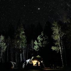 the night sky is full of stars, and there are tents in the woods with lights on