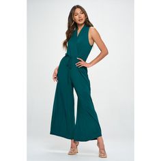 This is the perfect pull-on & throw-on surplice neck jumpsuit, no matter the occasion. It's composed of a soft knit fabric with the elastic waist with a tie designed to give your natural waist fit, and with a wide leg opening for extra comfort and ventilation. This is a great versatile go-to piece. Two side-pockets. Material: 95% Rayon Modal 5% Spandex. Made in USA. Machine washable. Chic Green Jumpsuit With Elastic Waistband, Sleeveless Jumpsuits And Rompers With Tie Waist For Loungewear, Green Jumpsuit Outfit Casual, Green Jumpsuit Outfit, Jumpsuit Outfit Casual, Pageant Outfits, Jumpsuit Outfit, Green Jumpsuit, Knit Jumpsuit