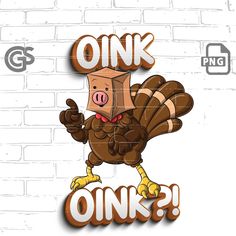 a turkey with a box on it's head is standing in front of a brick wall