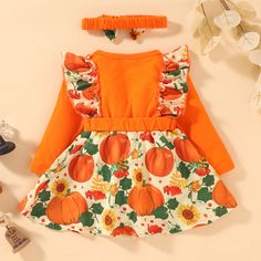 Toddler Girls Long Sleeve Pumpkin Print Dress Scarf Two Piece Set - PrettyKid Playful Dress For Playtime In Fall, Cute Multicolor Winter Dresses, Cute Multicolor Long Sleeve Dresses, Cute Playtime Dresses For Fall, Cute Dresses For Playtime In Fall, Cute Long Sleeve Cotton Dress, Playful Long Sleeve Dresses For Fall, Orange Long Sleeve Fall Dress, Playful Long Sleeve Cotton Dresses