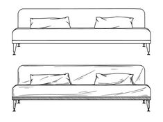 a couch with pillows on it and another one in the back ground, drawn by hand