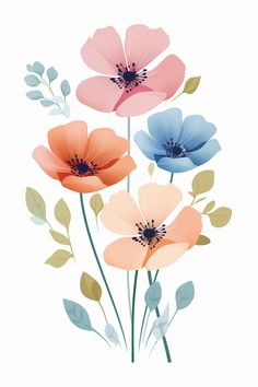 three different colored flowers with leaves and stems on a white background, one is pink, the other is blue