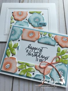 two cards with flowers on them and the words happy birthday to you written in black ink