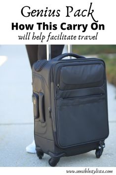 a black suitcase with the words genius pack how this carry on will help facifiate travel