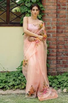 Shop for Fallon.Studio by Shruti Kaushik Pink Imported Pure Silk Organza The Rukmani Hand Painted Saree for Women Online at Aza Fashions Hand Painted Saree, Painted Saree, Saree Painting, Hand Painted Dress, Hand Painted Sarees, Organza Sarees, Printed Saree, Elegant Saree, Peach Flowers