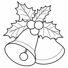 a drawing of a christmas bell with holly leaves on it's side and a red berry hanging from the top