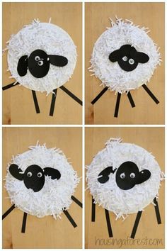 four pictures of sheep made out of toilet paper with sticks sticking out of the sides