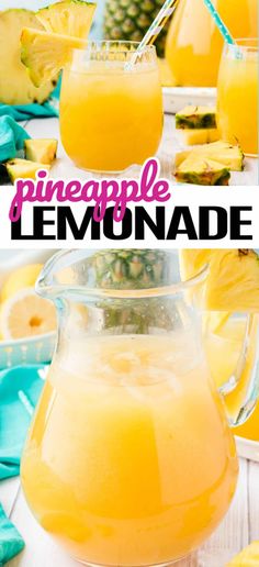 pineapple lemonade in a glass pitcher on a table