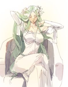 a drawing of a woman with green hair sitting on a chair and looking off to the side