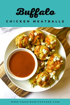 buffalo chicken meatballs on a plate with dipping sauce