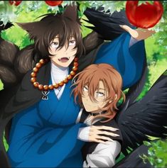 two anime characters one is holding an apple