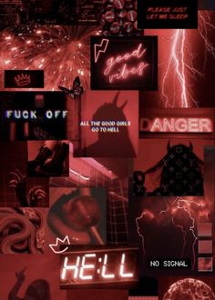 a collage of neon signs and symbols in red, black and white with the words hell on them