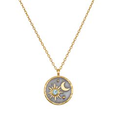 A celestial night sky shines in 18k gold plate against a gunmetal background, creating a meaningful pendant necklace. An aquamarine accent, March's birthstone, symbolizes tranquility, courage and peace. Set on a 16" chain, this birthstone necklace has an extender finished with a sparkling gold star for added length and delicate detail. 16'' with 3'' Extension Chain Pendant size 16MM 18KT Gold/Gun Metal Plated Brass NG01-05-L16 Personalized Space Necklace, Satya Jewelry, Sun And Moon Necklace, Celestial Necklace, Celestial Jewelry, August Birth Stone, Gold Star, Spiritual Jewelry, Moon Necklace