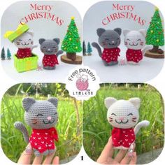 crochet christmas cat and kitten amigurma dolls in red dress with green trees